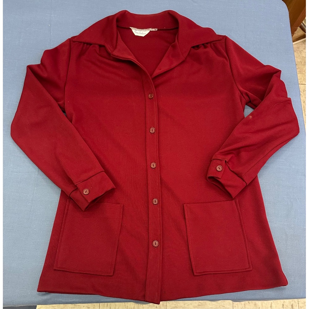 Vintage Sears Fashions Womens Burgundy Red Button Front Shirt Jacket Sz M 1970s